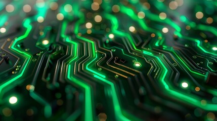 Close up of a futuristic circuit board with luminous green paths symbolizing advanced technology