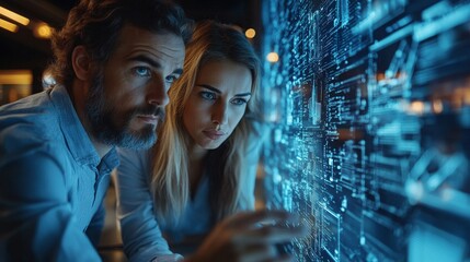 Cybersecurity team working together on data analysis in a modern office environment at night