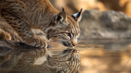 Fototapeta premium A lynx drinks from a peaceful water source at sunset in a serene natural setting
