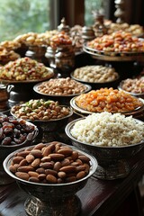 A vibrant display of assorted dry fruits and sweets at a festive table in the afternoon light