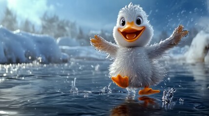 A cartoon duck is standing on a frozen lake and splashing water. The duck is happy and playful, and the scene is lighthearted and fun