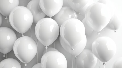 White balloons floating against a light gray wall during a festive celebration event