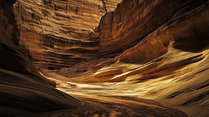 Captivating stratified sedimentary rock layers in a desolate canyon illuminated by soft sunlight and sharp shadows emphasizing natural erosion and geological history