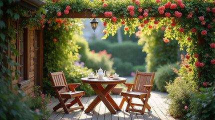 Obraz premium Kaffeetafel im Garten mit Rosen