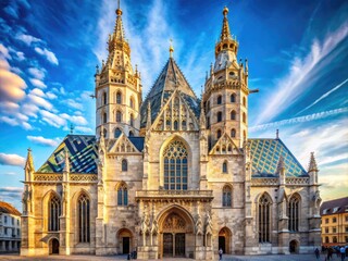 Naklejka premium Magnificent ornate Baroque and Gothic-style cathedral in Vienna, Austria, featuring intricate stone carvings, stunning stained-glass windows, and majestic South Tower against a clear blue sky.
