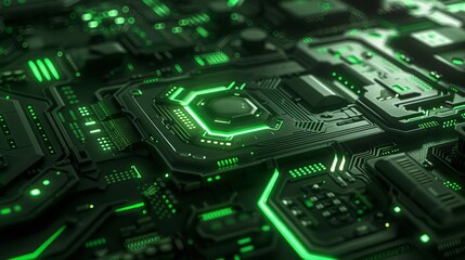 Close up of an advanced circuit board with glowing green circuits symbolizing future technology