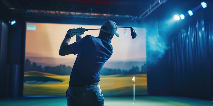 Closeup of a professional male golfer playing golf indoors in a golf simulator with a training field screen