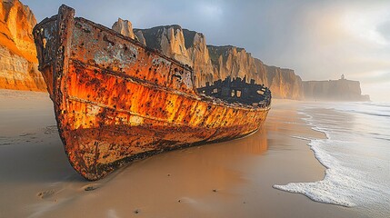 An old shipwreck stranded on a sandy shore