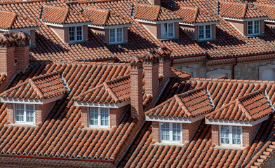 View of brown tiled roofs with dormers