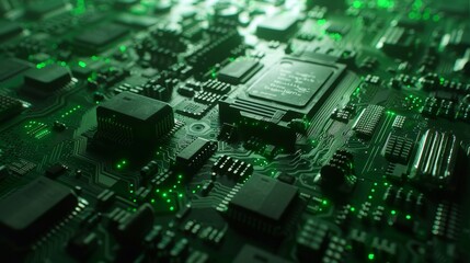 Fototapeta premium Close up of a futuristic circuit board with glowing green circuits representing advanced technology