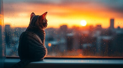 A tabby cat sits on a windowsill, looking out at the city skyline as the sun sets. The cat's silhouette is visible against the bright orange and yellow sky.