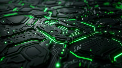 Close up of an advanced circuit board with glowing green circuits symbolizing future technology