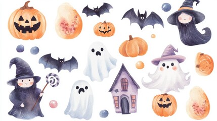 Cute Halloween drawings featuring jack-o-lanterns ghosts and spooky houses