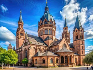 Majestic Gothic cathedral exterior with intricate stone carvings, stunning stained-glass windows, and towering spires against a serene blue sky in Mainz, Germany.