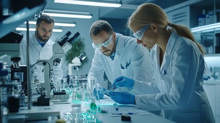 Scientists in lab coats conducting research with lab equipment and samples in a modern laboratory setting.