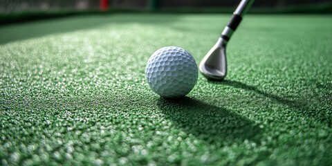 Golfer preparing to swing at sunset on a lush green putting green with a golf ball in focus