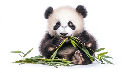 Naklejka premium Adorable Panda Cub Enjoying Bamboo