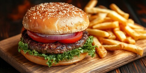 Juicy cheeseburger with fresh toppings and fries served at a diner during lunchtime