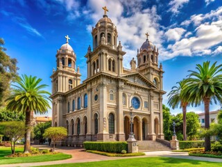 Obraz premium Majestic Roman Catholic cathedral with ornate stone facade, stained glass windows, and tall bell towers, surrounded by lush greenery in San Jose, California.