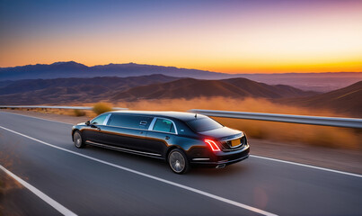 Naklejka premium A black limousine drives down a highway during a golden sunset