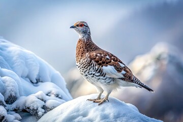 Majestic tarmigan perched on a snow-covered rocky outcropping, feathers fluffed against the cold, gazing intently into the misty winter landscape of the mountaintop wilderness.