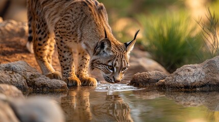 Obraz premium A lynx drinks from a peaceful water source at sunset in a serene natural setting