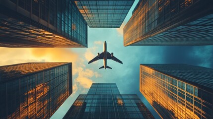 Airplane Flying Over Towering Skyscrapers and Blue Sky