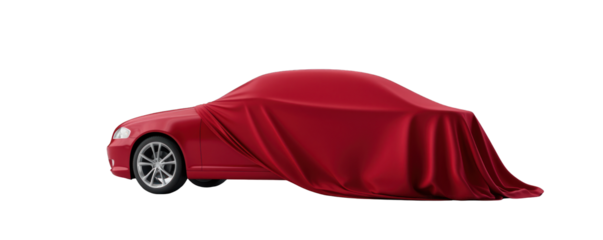 A sleek car covered with a red fabric, symbolizing luxury and anticipation for its unveiling. transparent background
