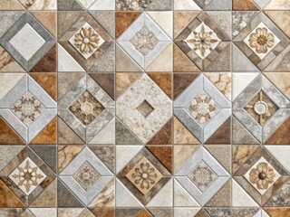 Meticulously arranged decorative floor tiles in a modern style, featuring white, gray, and brown hues, with subtle texture and natural stone-inspired pattern.