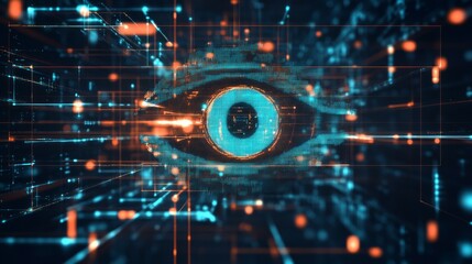 This digital imagery conveys a surveillance theme, using an eye to symbolize monitoring and cybersecurity