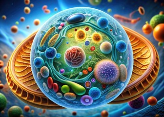 Naklejka premium Microscopic View Of A Eukaryotic Cell With Labeled Organelles And Structures, Including The Nucleus, Endoplasmic Reticulum, Golgi Apparatus, Mitochondria, And Lysosomes.