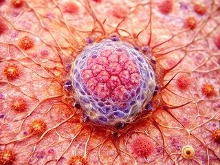 Microscopic view of squamous cell carcinoma, a type of skin cancer, showing abnormal keratin-filled cells with enlarged nuclei and atypical morphology.