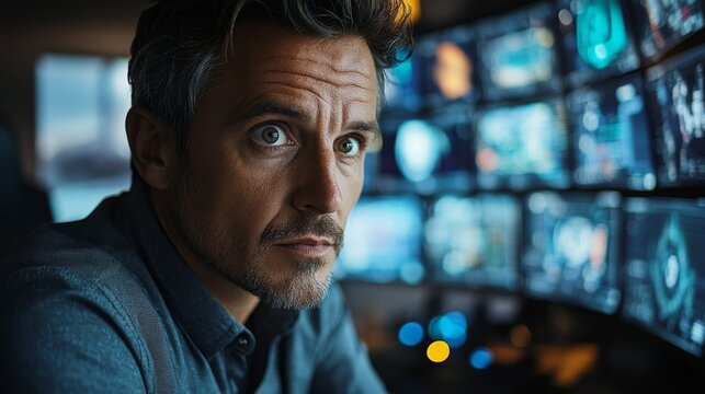 Cybersecurity expert monitoring multiple screens in a control room during a high-stakes operation