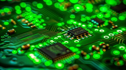 Fototapeta premium Close up of advanced circuit board with glowing green circuits symbolizing future technology design