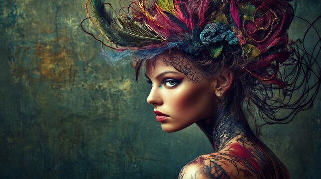 Young woman muse with creative body art and hairdo