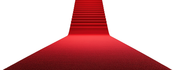 A stunning red carpet leading up a flight of stairs, perfect for events, awards, or VIP entrances. Ideal for glamorous themes. transparent background