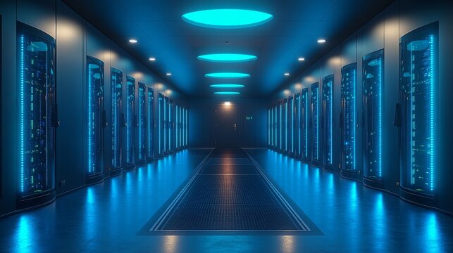 Secure server room with rows of blinking servers illuminated by blue lighting