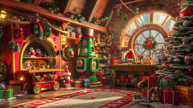 Santa's Workshop: A playful and whimsical background featuring Santa Claus's workshop with toy-making elves, colorful toys, and festive decorations.