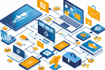 variety of devices, including computers, laptops, smartphones, and tablets, connected by lines representing data flow. The colorful design and isometric perspective