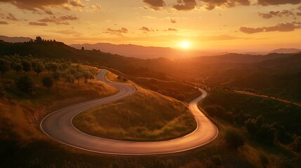 Fototapeta premium A summer sunset bathes a winding road in golden hues, winding through lush green hills. 