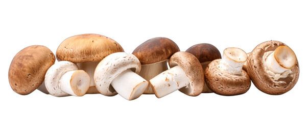 A variety of fresh mushrooms arranged in a row, showcasing different shapes and textures for culinary inspiration. transparent background