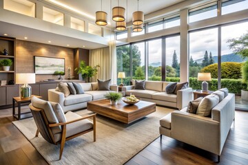 Fototapeta premium Modern living room with sleek furniture, large windows, and neutral color palette creates a bright, airy, and inviting atmosphere perfect for relaxation and entertainment.