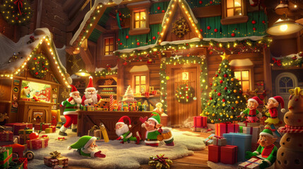Santa's Workshop: A playful and whimsical background featuring Santa Claus's workshop with toy-making elves, colorful toys, and festive decorations.