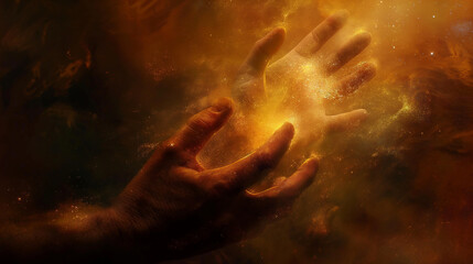 Fantasy art: A close-up of two hands reaching out through a golden mist.
