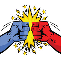 Red vs blue clenched fists fighting. Fist bump, fight without rules comic picture. Concept of conflict, confrontation, resistance, competition, struggle, elections. Vector on transparent background