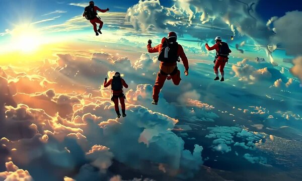 A group of friends embarking on a thrilling skydiving adventure, soaring through the clouds with exhilaration. Video