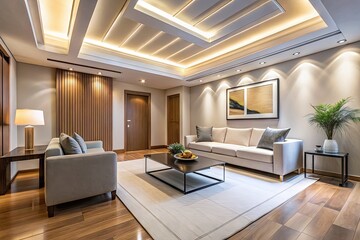 Modern minimalist interior with a sleek, smooth, and uniform flat ceiling above a neutral-colored wall, emphasizing clean lines and simplicity.