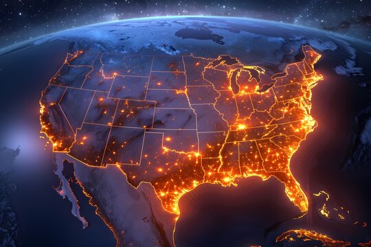 Glowing political map of the United States at night..USA