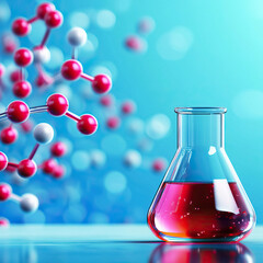 A vibrant chemistry scene featuring a laboratory flask filled with colorful liquid and molecular structures in the background.