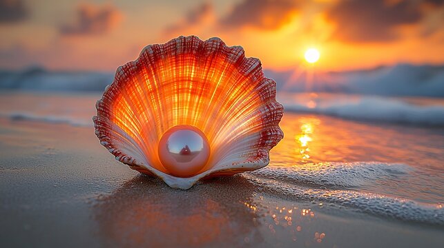 A stunning pearl shell on a sandy beach at dawn